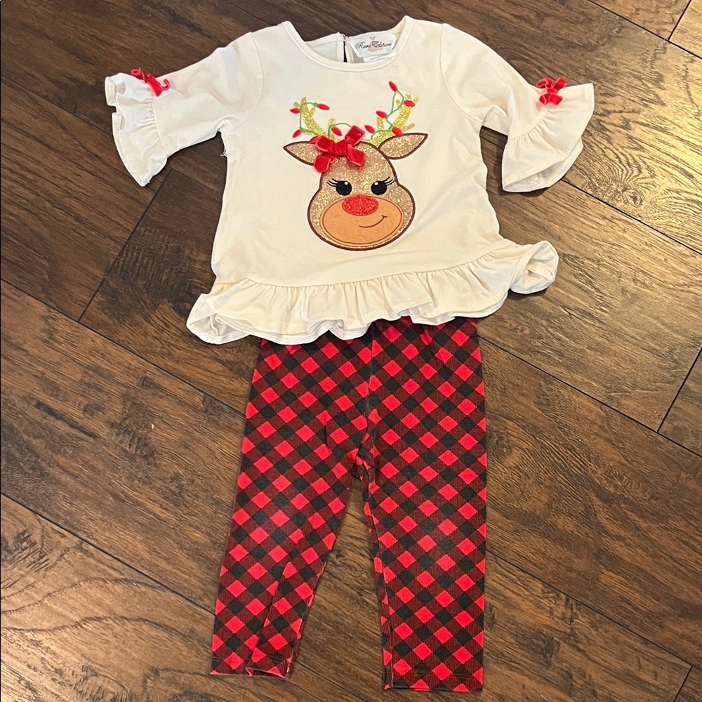 Rare Edition Ruffle Reindeer Top & Red Black Plaid Leggings Set